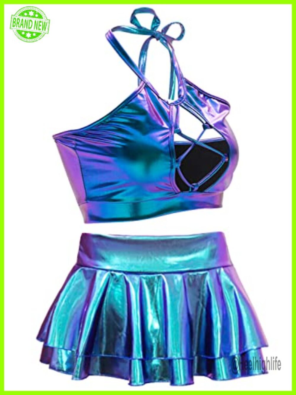 Metallic Rave Outfit Set Faux Leather PU 2 Piece Top and Mini Skirt
